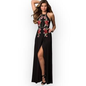 Floral embroidered black maxi dress Luxxel ladies medium halter evening gown